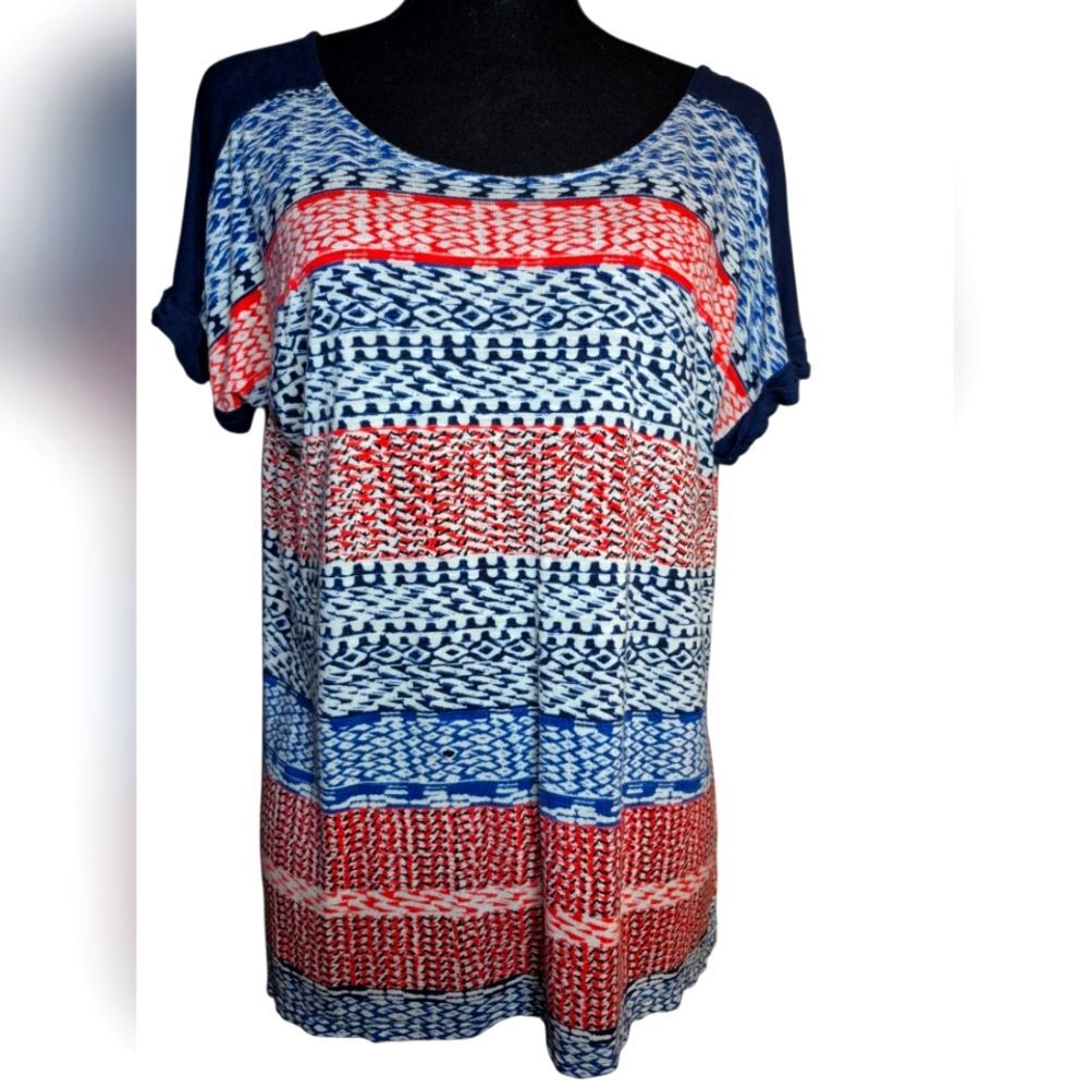 Cabi Style 891 - Red, White & Blue Patterned Flowy RBX Tee - Size Large